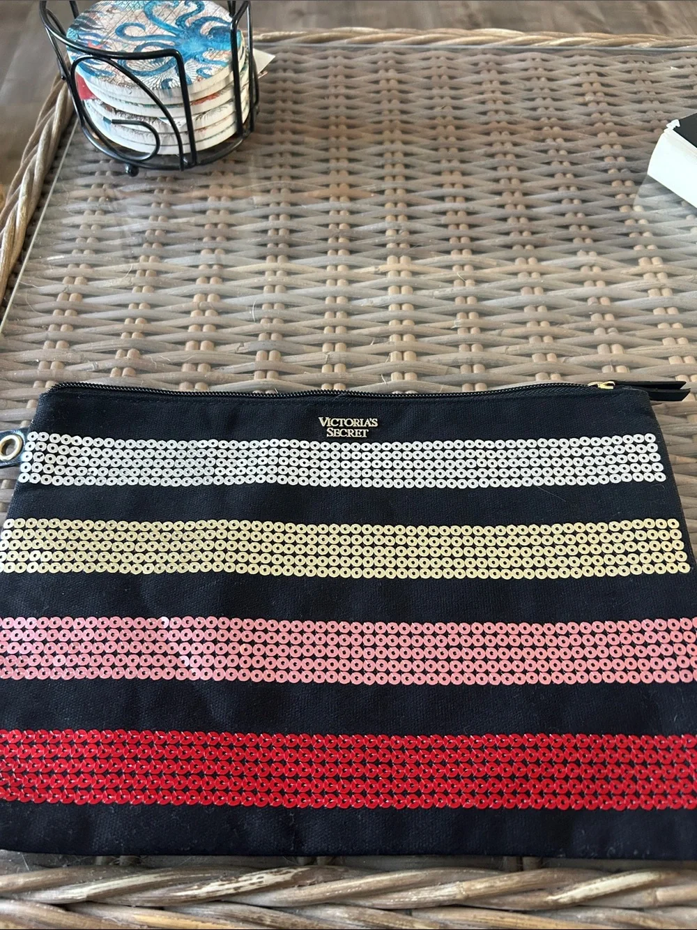 Victoria's Secret Black Sequin Stripe Wristlet Pouch with Multicolor Stripes